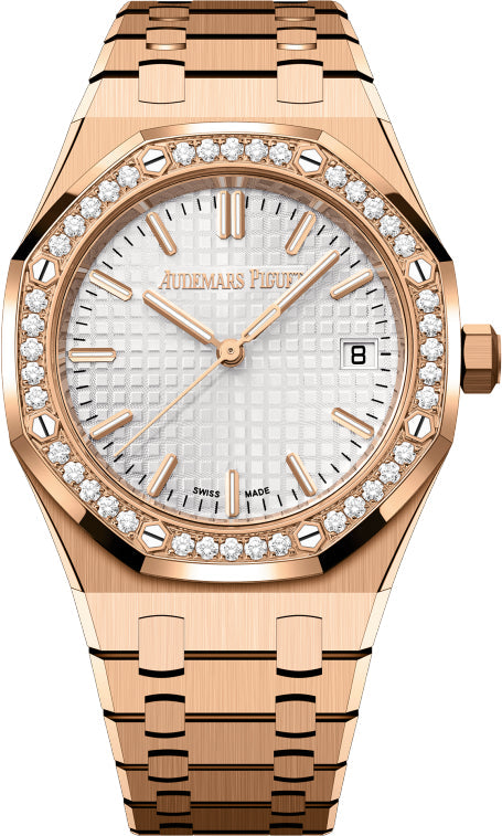 Audemars Piguet Royal Oak 34mm Rose Gold Silver Dial Diamond Bezel Watch - 77451OR.ZZ.1361OR.03